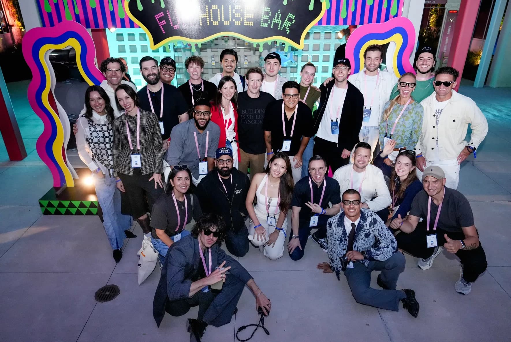 Group photo of invited tech creators with Mark Zuckerberg, Casey Neistat and Matt Wolfe at Meta Connect 2026 — Kim Isenberg front right in a beige cap